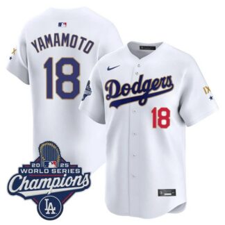 Men & Women & Youth Los Angeles Dodgers #18 Yamamoto White IX 9-Time 2025 World Series Champions Gold Trim Limited...
