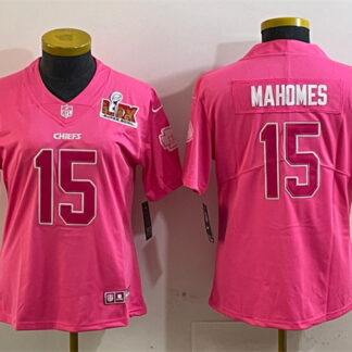 Women's Kansas City Chiefs #15 Patrick Mahomes Pink 2025 Super Bowl LIX Patch Vapor Untouchable Limited Stitched Fo...