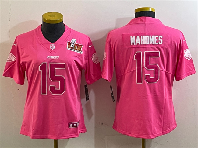 Women's Kansas City Chiefs #15 Patrick Mahomes Pink 2025 Super Bowl LIX Patch Vapor Untouchable Limited Stitched Fo...
