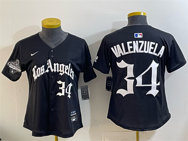 Youth Los Angeles Dodgers #34 Fernando Valenzuela Black 2025 World Series Champions LA Gothic Edition Limited Stitc...