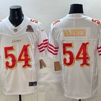 Men's San Francisco 49ers #54 Fred Warner White Gold 5 Super Bowl Champions Patch 2025 F.U.S.E. Rivalries Vapor Lim...