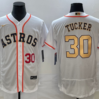 Men's Houston Astros #30 Kyle Tucker Number 2023 White Gold World Serise Champions Patch Flex Base Stitched Jersey2