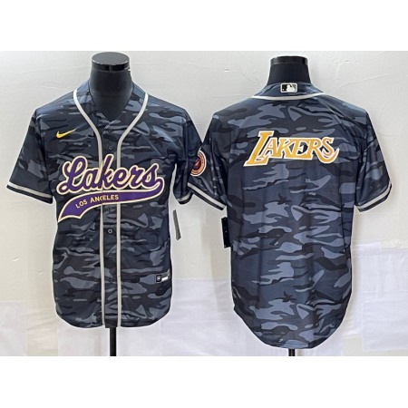 Men's Los Angeles Lakers Team Big Logo Grey Cool Base With Patch Stitched Baseball Jersey 5MR3