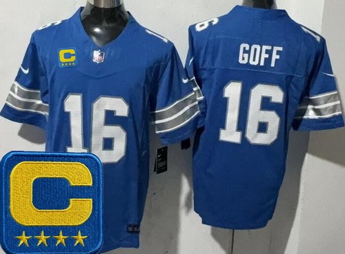 Men's Detroit Lions #16 Jared Goff Limited Blue 2025 Captain Patch F.U.S.E. Vapor Stitched Jersey