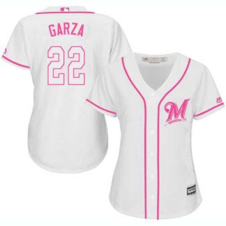Women Milwaukee Brewers #22 Matt Garza White Pink New Cool Base Jersey JiaSu