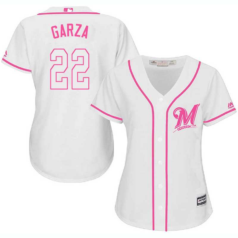 Women Milwaukee Brewers #22 Matt Garza White Pink New Cool Base Jersey JiaSu