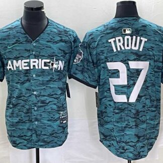 Men's Los Angeles Angels #27 Mike Trout Teal 2023 All Star Cool Base Stitched Jersey