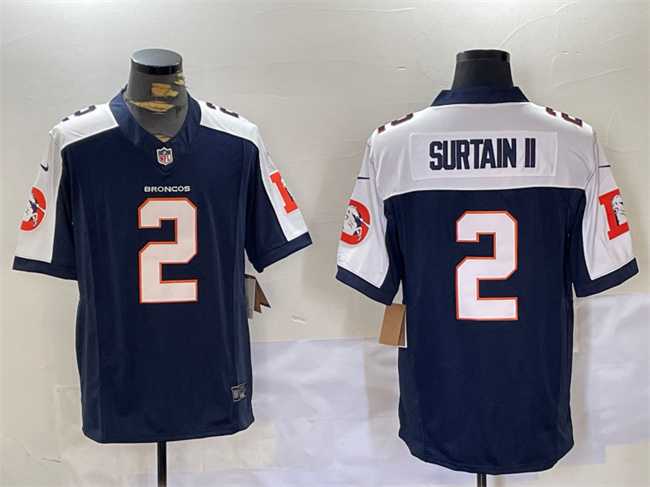 Men's Denver Broncos #2 Patrick Surtain II Navy 2024 F.U.S.E. V2 Throwback Vapor Limited Alternate Stitched Jersey...