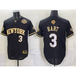 Men's New York Knicks #3 Josh Hart Black Gold 2026 Finals & Eastern Conference Champions Patch Stitched Baseball Je...