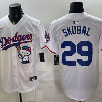 Men's Los Angeles Dodgers #29 Tarik Skubal White Hello Kitty Night 2025 World Series Champions Patch Stitched Baseb...