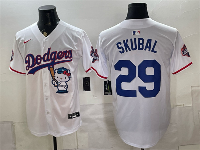Men's Los Angeles Dodgers #29 Tarik Skubal White Hello Kitty Night 2025 World Series Champions Patch Stitched Baseb...