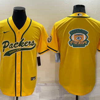 Men's Green Bay Packers Yellow Team Big Logo With Patch Cool Base Stitched Baseball Jersey