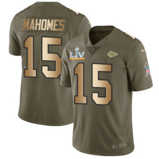 Nike Kansas City Chiefs #15 Patrick Mahomes Olive/Gold Youth Super Bowl LV Bound Stitched NFL Limited 2017 Salute T...