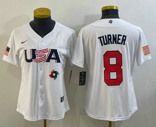 Women’s USA Baseball #8 Trea Turner 2023 White World Classic Stitched Jersey