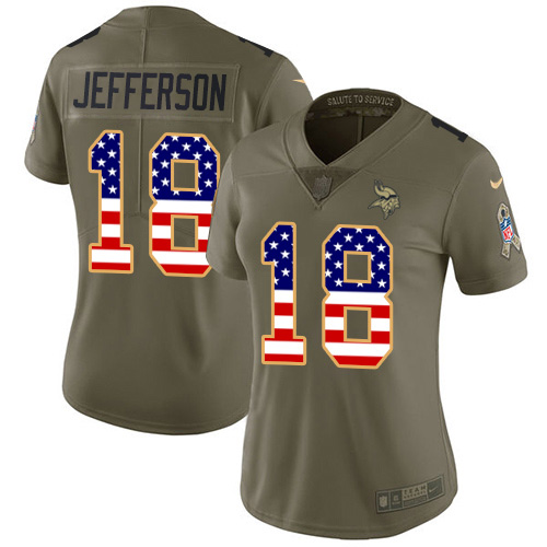 Nike Minnesota Vikings #18 Justin Jefferson Olive/USA Flag Women’s Stitched NFL Limited 2017 Salute To Service Jersey