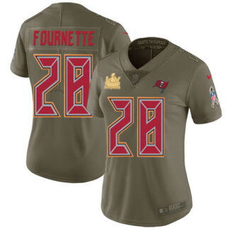 Tampa Bay Buccaneers #28 Leonard Fournette Olive Women’s Super Bowl LV Champions Patch Stitched NFL Limited 2017 Sa...