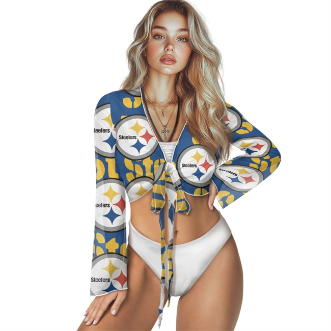 Women's Pittsburgh Steelers Swimsuit Cover Up Long Sleeve Sheer V Neck Lightweight Tie Front Cardigan Beach Shirts...