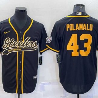 Men's Pittsburgh Steelers #43 Troy Polamalu Black Gold With Patch Cool Base Stitched Baseball Jersey