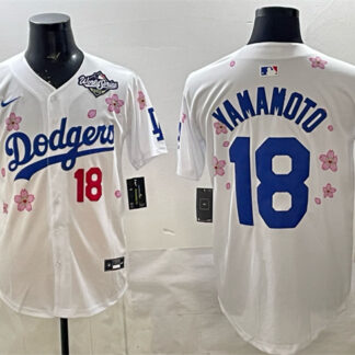 Men's Los Angeles Dodgers #18 Yoshinobu Yamamoto White 2025 World Series Patch Tokyo Series Limited Stitched Baseba...